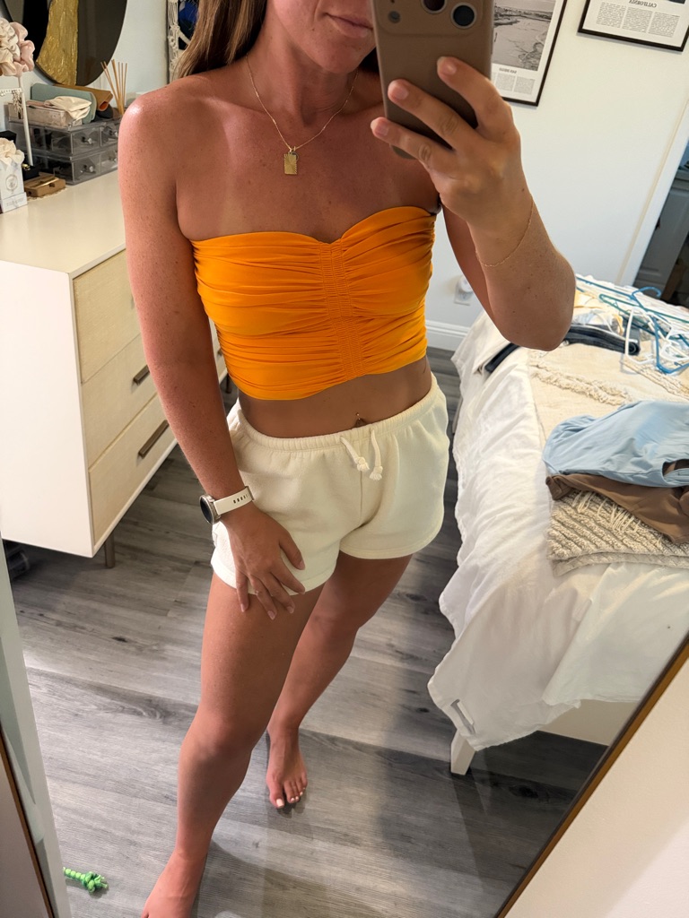 Orange Ruched Strapless Crop Top